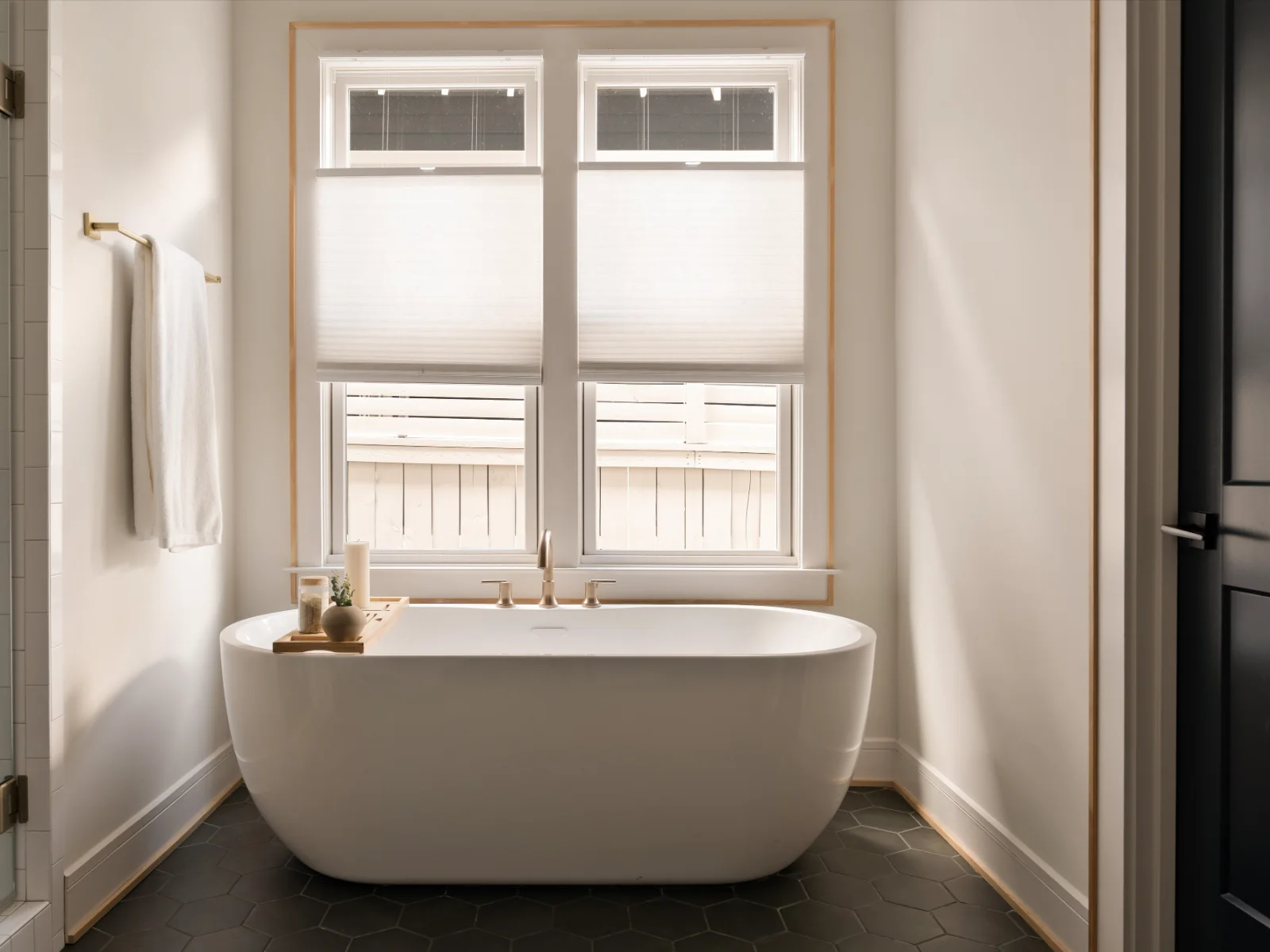 The primary shower: white tile, a built-in bench, brass fittings and a starburst tile wall